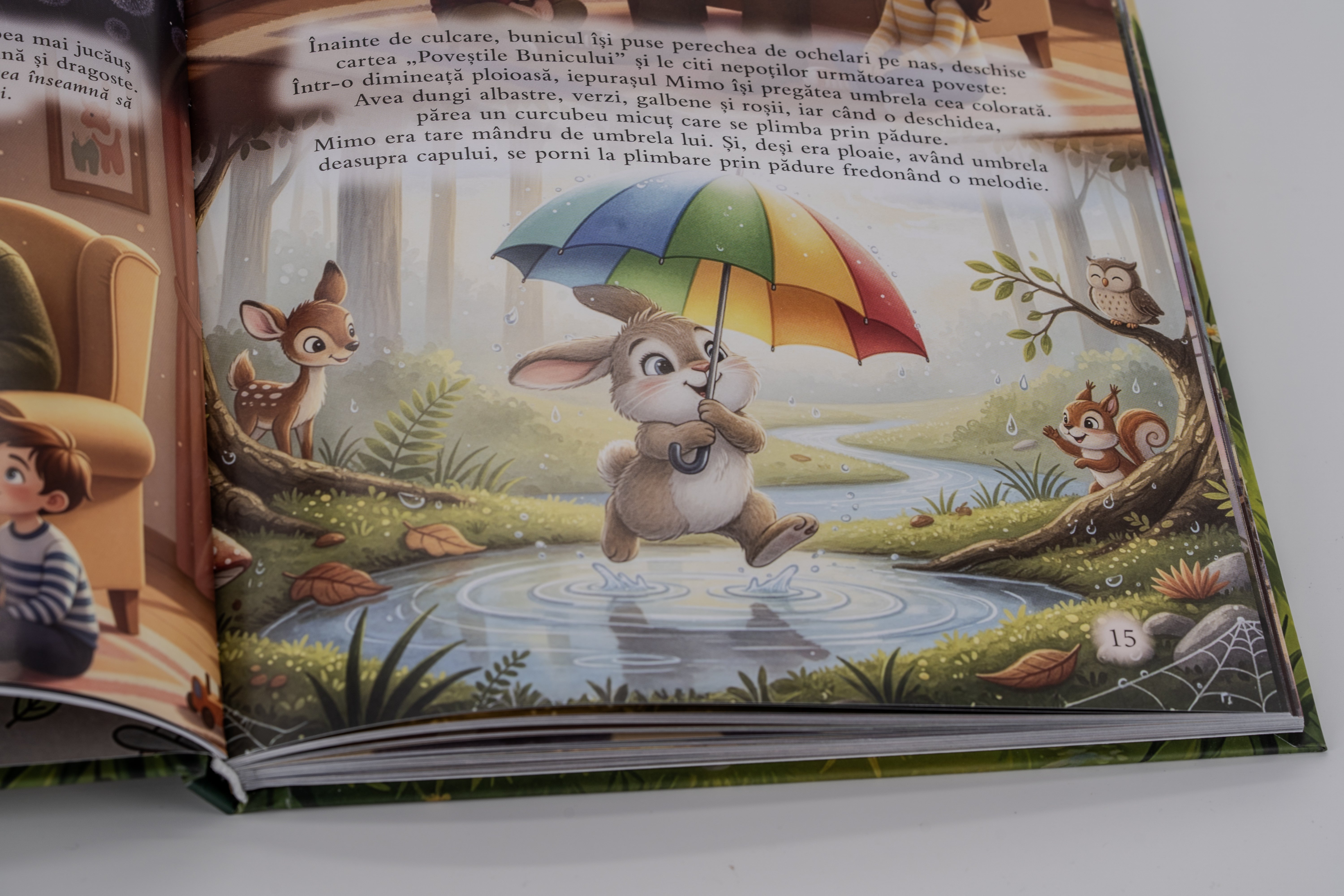 Povestile Bunicului. Carte deschisă cu o ilustrație colorată a unui iepure care ține o umbrelă, înconjurat de natură.